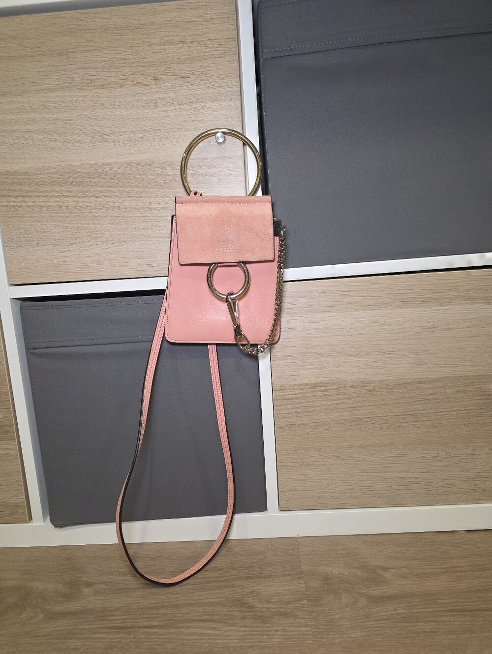 Chloe Authentic Pink Crossbody Bracelet Bag with Gold Ring Accent Mixed Metals